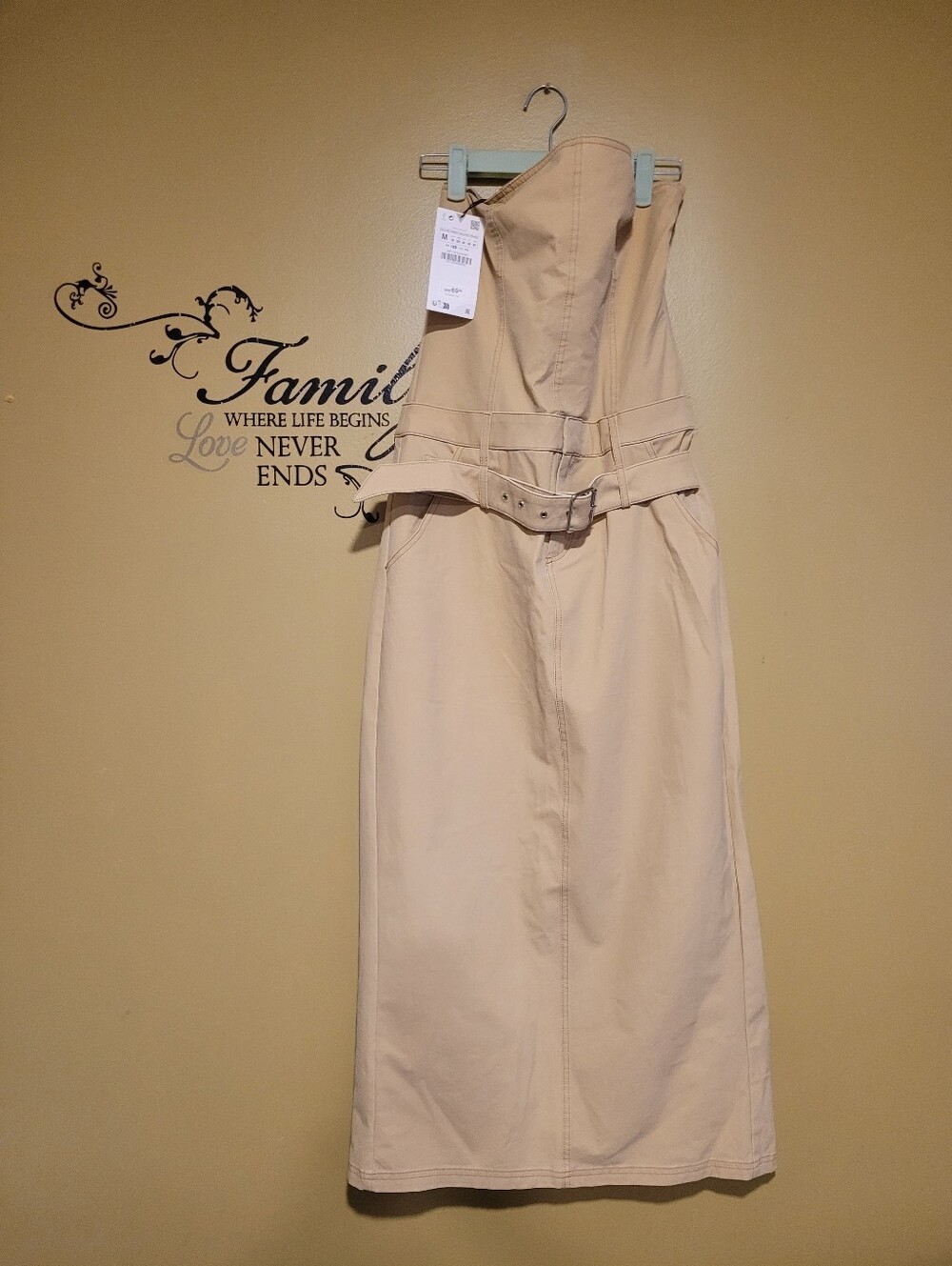 Zara Beige Strapless Midi Dress with Belt